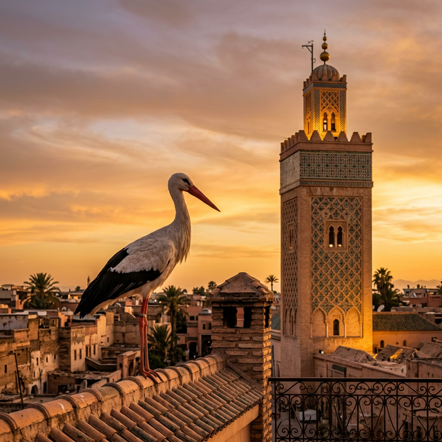 Majestic White Stork and Moroccan Minaret